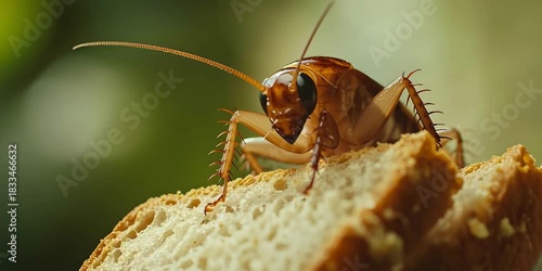 Macro shot of a cockroach sitting on a piece of bread. Detailed texture of the insect and crust on a blurred green background. Concept of contamination and unsanitary conditions