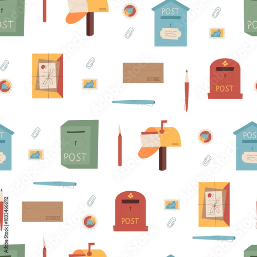 Mail seamless pattern flat background. Letter, envelope, postbox, mailbox, stamp and postcard icon create seamless mail background. Post, icon and flat postal elements for communication stationery