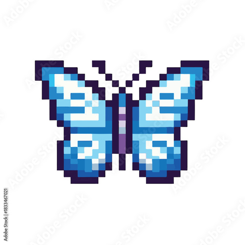 Pixelated blue butterfly illustration with white background