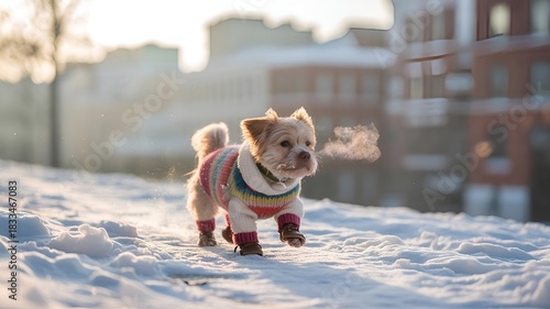 A Small dog wearing sweater is walking in a winter day.
