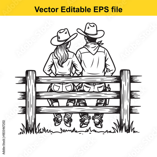  black and white line art illustration of a cowboy and cowgirl couple sitting closely together on a wooden fence, viewed from behind, vector editable eps file