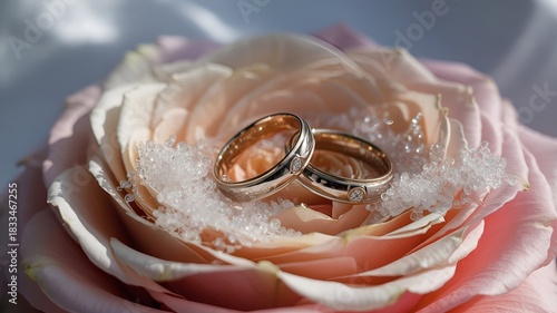 A pair of wedding rings placed gracefully on top of a delicate rose.