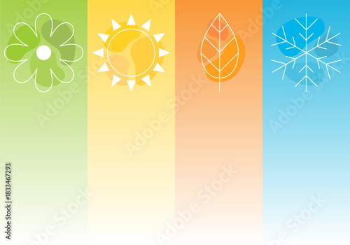 Four seasons icons, signs, symbols. Winter spring summer fall. Snowflake, leaf, sun, autumn leaf. Line art