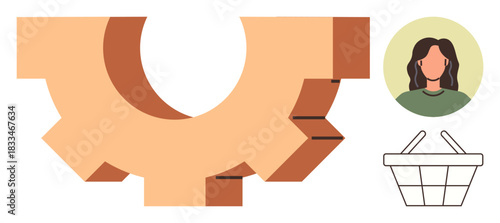 Gear, muted colors female avatar in circle and empty shopping basket symbolizing workflow, process integration, user focus, e-commerce, decision-making, collaboration, system optimization. Ideal