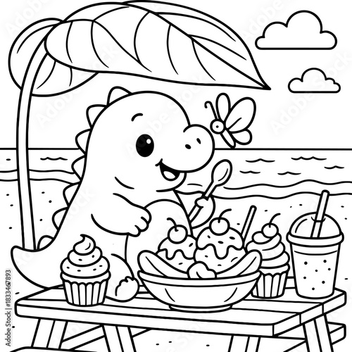 Dinosaur's Delight: A charming monochrome illustration of a dinosaur enjoying a beachside picnic with ice cream and cupcakes under an umbrella. 