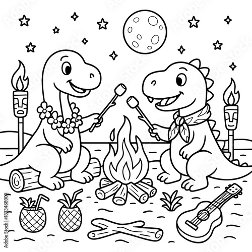 Dinosaur Bonfire Delight: Two charming dinosaur characters, adorned with tropical flair, toast marshmallows over a crackling bonfire beneath a starry, moonlit sky.