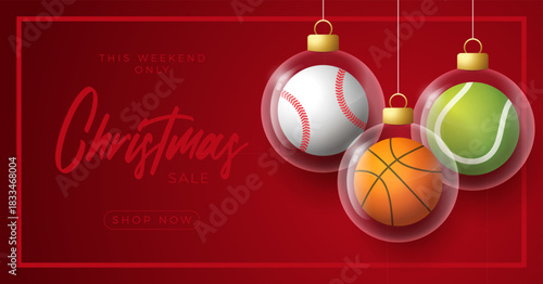 Christmas Sale Vector illustration with Sports Balls in Holiday Ornaments Shop Now.