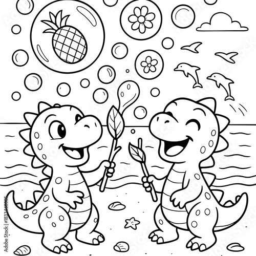 Dinosaur Friends' Seaside Playtime: Two charming dinosaur friends frolic joyfully on a sandy beach, surrounded by playful bubbles and cheerful elements of nature.