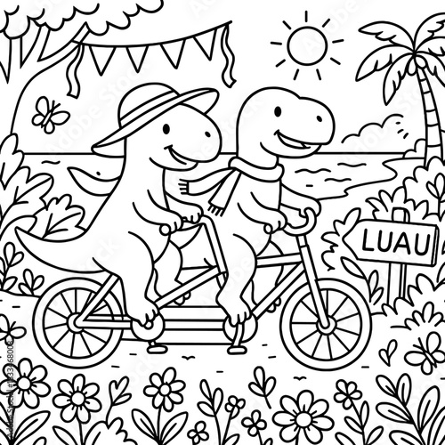 Dino's Beachside Adventure: Two cheerful dinosaurs take a tandem bike ride towards a beachside Luau, celebrating the joy of friendship and the thrill of adventure in a tropical paradise.