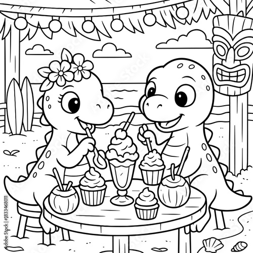 Dinosaur's Delight: In a whimsical illustration, two cheerful dinosaurs enjoy a tropical treat, celebrating a lovely time in this summer scene.