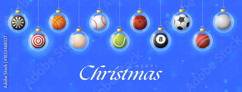 Merry Christmas Sports Balls Vector illustration: Holiday Ornaments Hanging on Festive Blue Snowflake Background