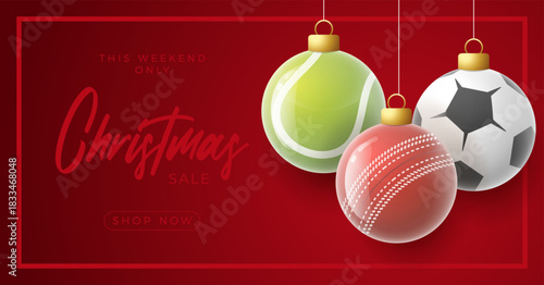 Christmas Sale Vector illustration with Sport Ball Ornaments: Tennis, Cricket, Soccer Design