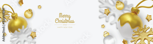 Stylish golden Christmas decorations with snowflakes creating a modern holiday composition perfect for greeting cards and seasonal promotions