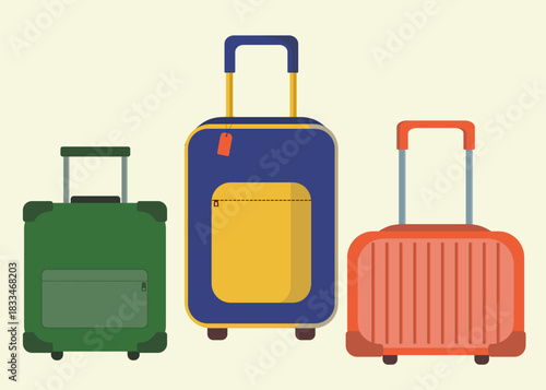 Set of three multi-colored suitcases with wheels, zipper, pocket, tag, handle, travel bag, luggage, travel bag