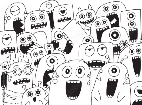 Cute and funny monster doodle crowd illustration