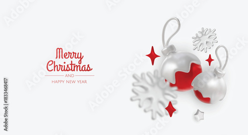 Modern Merry Christmas greeting with red typography and 3D baubles, perfect minimalist holiday card or festive social media banner