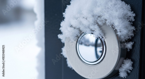 Snow-covered doorbell button on dark wooden door with winter atmosphere, glistening frost surrounding shiny surface.