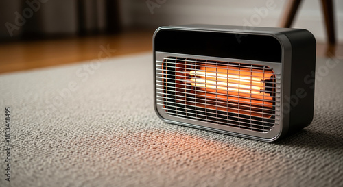 Modern space heater on cozy carpet emitting warm light. Space heater design features sleek lines and effective heating elements, perfect for enhancing comfort in living spaces during cold seasons.