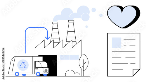 Recycling, sustainability, eco-friendly systems, waste management, environmental care, industrial processes. Factory emitting smoke, recycling truck heart and document icons. Recycling
