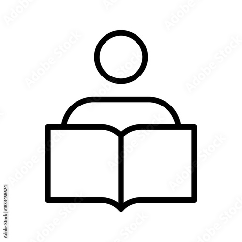 Lineart icon of person studying, holding book open.
