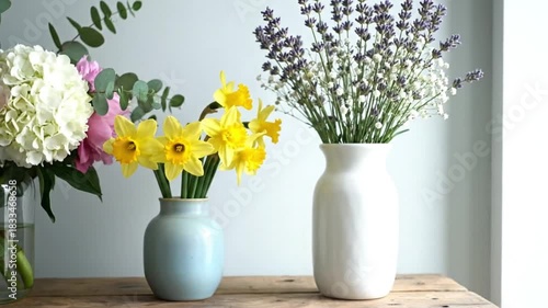 Wallpaper Mural Fresh spring flowers in various vases on a wooden table, bright light Torontodigital.ca