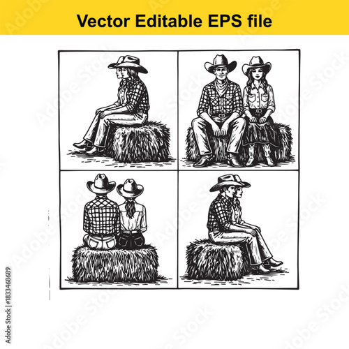 collection of four black and white vector illustrations depicting cowboy and cowgirl couples sitting on hay bales in various poses, perfect for rustic or western themes