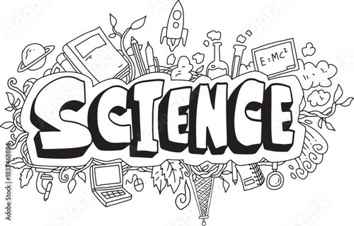 Back to school. Science themed doodle typography illustration