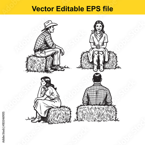 vector editable eps file showing four people in vintage clothing sitting on hay bales from different angles, including a man and a woman facing sideways and a man facing away