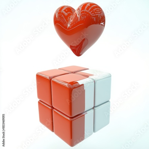 Floating red heart above split cube gift box, dynamic unboxing moment captured in studio light, glossy surfaces and soft shadows convey modern romance and playful surprise