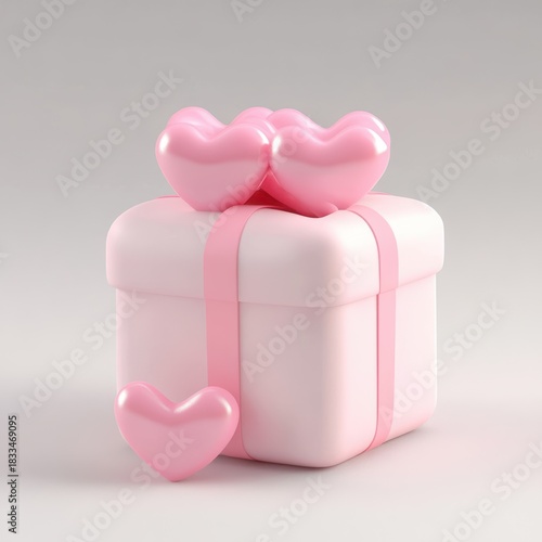 Heartshaped balloons adorn delicate pink gift container scene, Charming romantic arrangement featuring pink presents and adorable heart decorations in gentle lighting