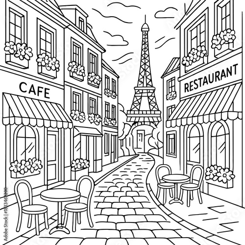 Parisian Streetscape: A charming Parisian street scene unfolds, with quaint cafes, wrought-iron tables, and the iconic Eiffel Tower dominating the backdrop, inviting viewers to explore.