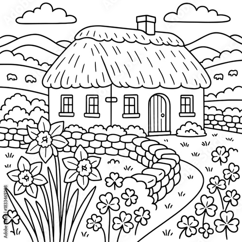 A Charming Cottage in the Countryside: A hand-drawn illustration depicting a quaint cottage with a thatched roof nestled amidst rolling hills and lush greenery.