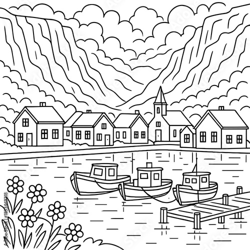 Serene Village Sketch: A hand-drawn sketch presents a quaint village nestled on the edge of a tranquil body of water, inviting viewers to explore its serene charm and captivating atmosphere.