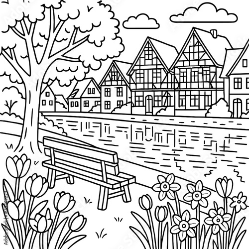 Black and White Town Scenery: A picturesque town scene unfolds, a bench overlooking a serene canal, lined with charming timber-framed houses. A lovely drawing