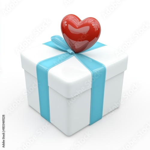 White gift box with red heart topper and turquoise ribbon, glossy surfaces, romantic atmosphere for proposal imagery, lovethemed greeting card or Valentine's campaign