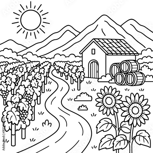 Vineyard Scene: Captivating illustration showcasing a picturesque vineyard landscape, featuring rows of grapevines, barrels, charming building, and the warm glow of the sun.