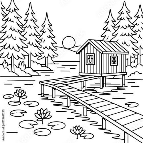 Serene Dockside Escape: A quaint lakeside cabin rests serenely, perched above the water and accessible by a wooden dock, the scene inviting tranquility.