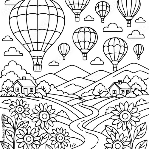 Whimsical Air Adventure: An intricate black and white illustration depicts a vibrant landscape teeming with life, featuring hot air balloons soaring through the sky above rolling hills, winding roads.