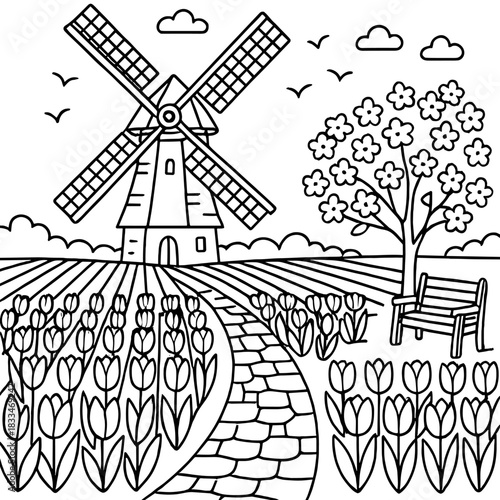 Scenic Windmill and Blossoming Tulip Field: A charming illustration depicts a serene rural landscape, featuring a traditional windmill, vibrant tulip fields, and a blossoming tree.
