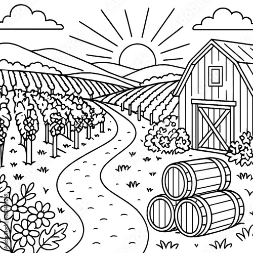 Vineyard landscape scene:  A rural idyllic vineyard scene, the image depicts a vineyard with neat rows of grape vines, barrels, and a rustic barn, under the warm glow of the sun.
