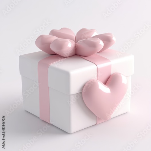White gift box with sculpted pink heart ornament resting on top, modern sentimental favor for wedding or bridal shower, clean lines and soft shadows enhance form