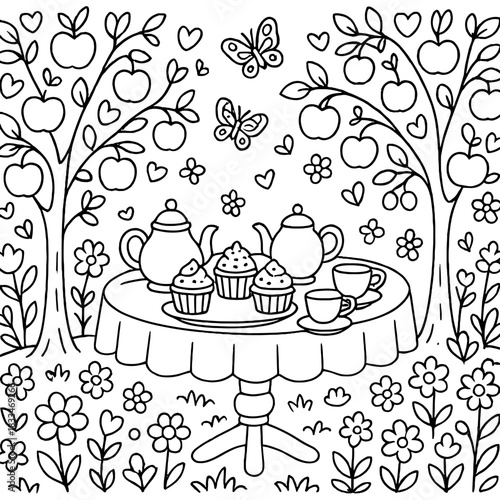 Enchanted Garden Tea Party: An idyllic scene unfolds in a whimsical garden, where a delicate tea party is set amidst blooming flowers, fruit-laden trees, and fluttering butterflies.