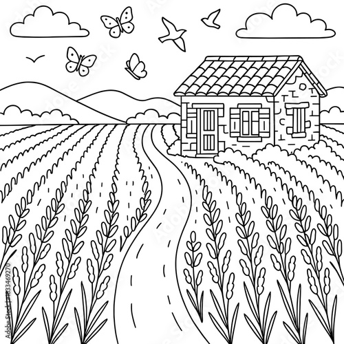 Tranquil Provence Field: A quaint stone cottage rests serenely amidst a sprawling lavender field, with butterflies flitting gracefully against the backdrop of rolling hills and a clear sky. 