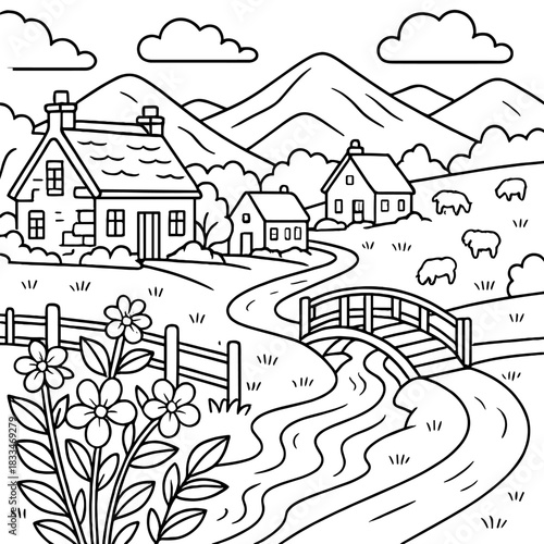 Rural Harmony: A quaint village nestled amidst rolling hills, where charming cottages and a meandering stream create a picturesque landscape. The scene exudes tranquility and simple beauty.