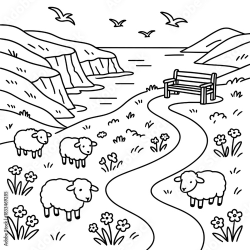 Serene Sheep by the Coastline: A charming illustration depicts sheep exploring a scenic coastline, with a winding path leading to a bench overlooking the sea, birds circling above. 