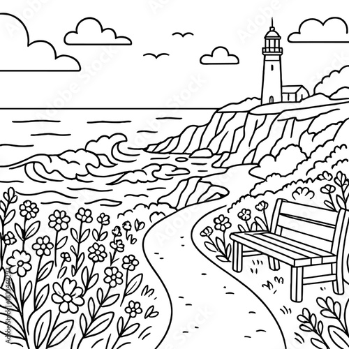 Coastal Serenity Sketch: A charming line art depiction of a seaside landscape, featuring a lighthouse overlooking the ocean, with a path leading through a field of flowers towards a bench.