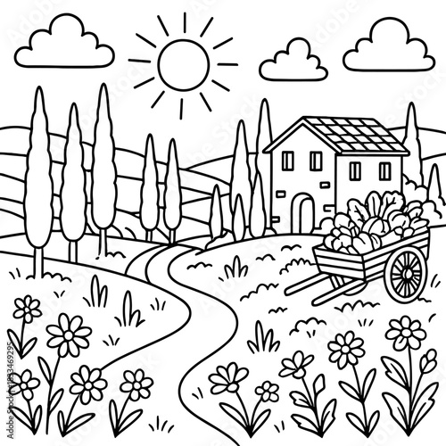 Rural Serenity Illustration: A charming countryside scene unfolds with a quaint house nestled amongst rolling hills, a winding path leading towards it, and a cart filled with harvest.