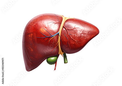 Human model liver organ with visible veins, arteries, and gallbladder details