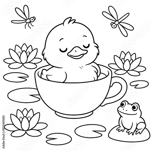Relaxing Duckling in a Teacup: A peaceful duckling enjoying a leisurely moment while nestled within a teacup, surrounded by lily pads and a frog. Two dragonflies are also present. 