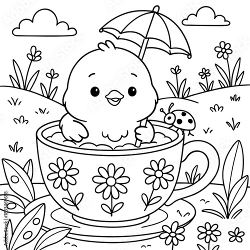 Chick in Teacup: A whimsical illustration depicts a cute chick taking a relaxing bath in a teacup, complete with an umbrella and a ladybug, set against a cheerful garden backdrop.